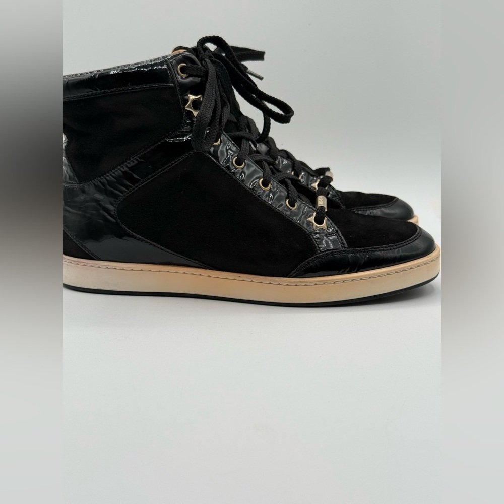 Jimmy Choo Black Suede & Patent Leather High-Top Sneakers Gold Eyelets Size 35.5 - Picture 9 of 16